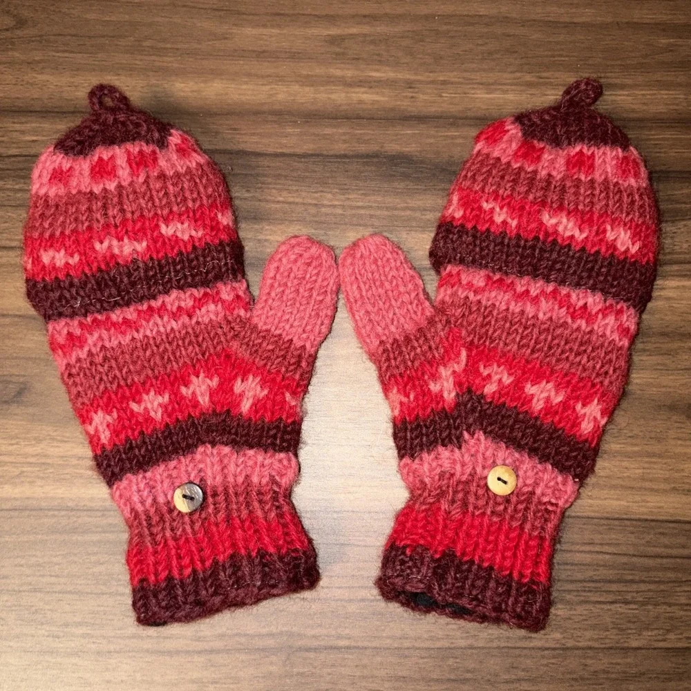 Made In Nepal Wool Fleece Lined Fingerless Gloves Convertible Mittens Red Pink